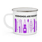 Purple Kayak Enamel Coffee Mug - "Mornings are rough, but kayaking makes it easy" in bold black font