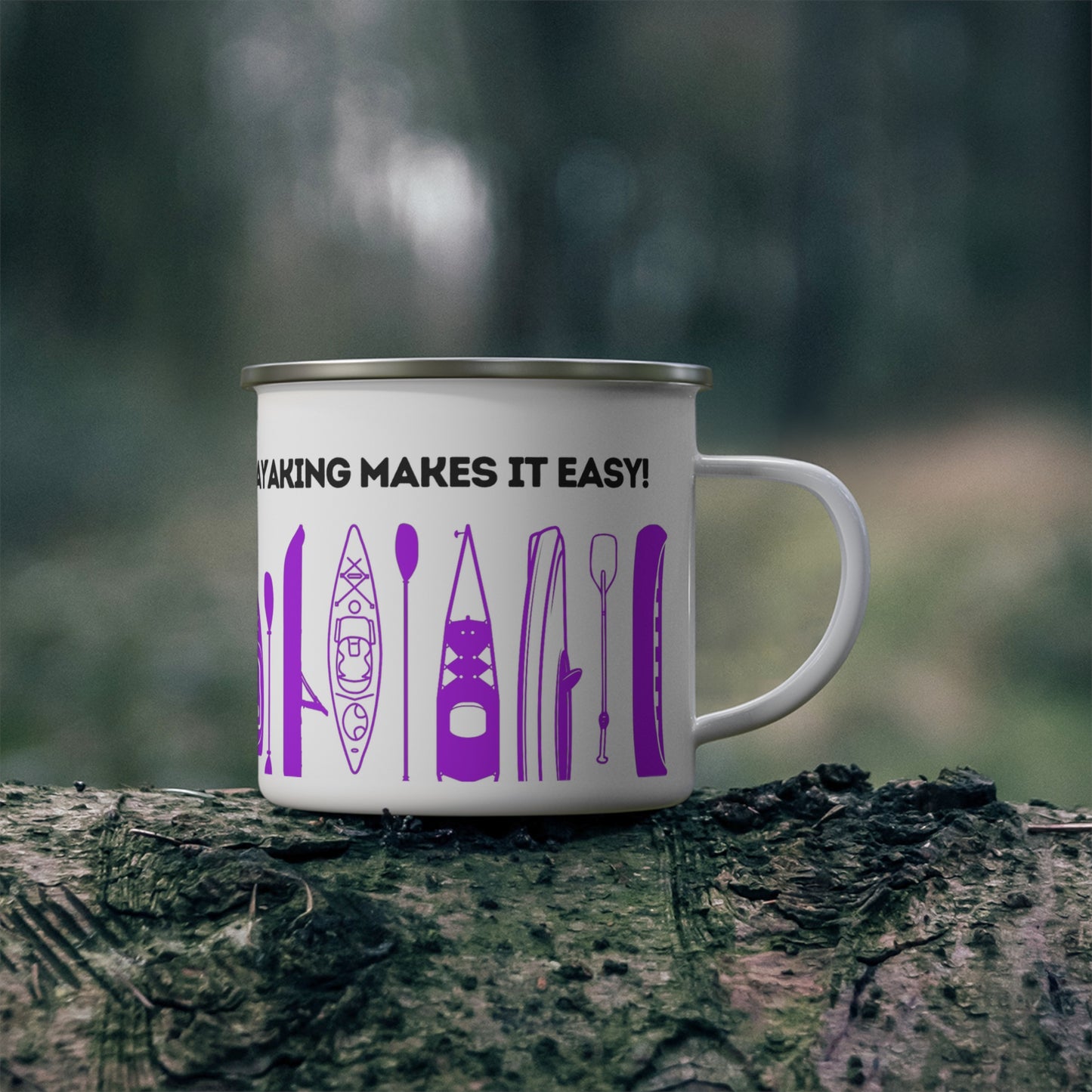 Purple Kayak Enamel Coffee Mug - "Mornings are rough, but kayaking makes it easy" in bold black font