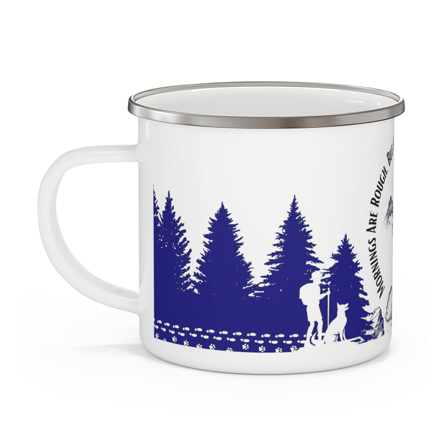 Navy Chasing Waterfalls Enamel Camping Mug - "Mornings are rough, but hiking makes it easy"