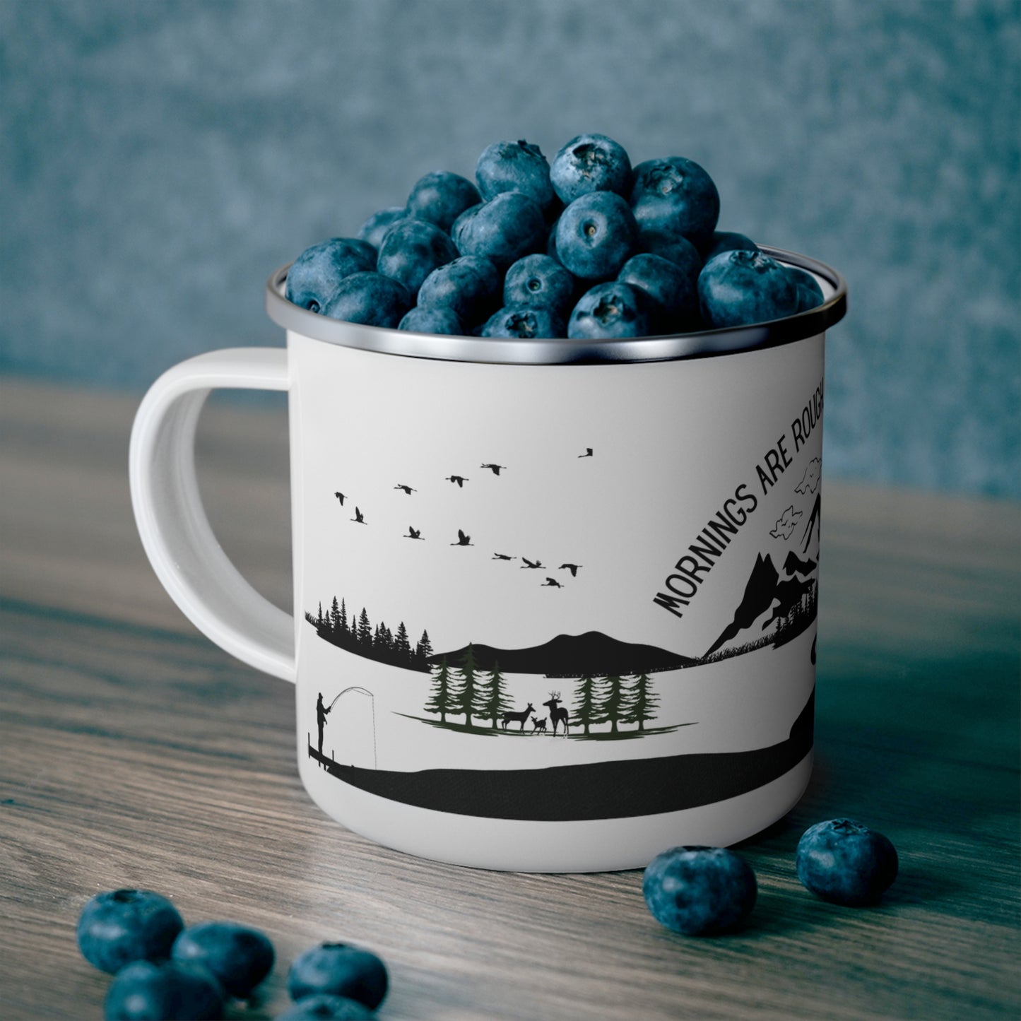 Black Camping Enamel Camping Mug - "Mornings are rough, but camping makes it easy"