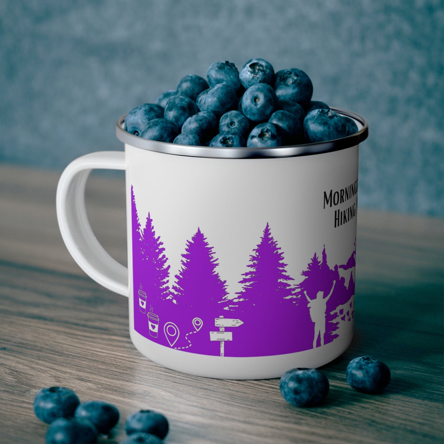 Purple Hiking Enamel Camping Mug - "Mornings are rough, but hiking makes it easy"