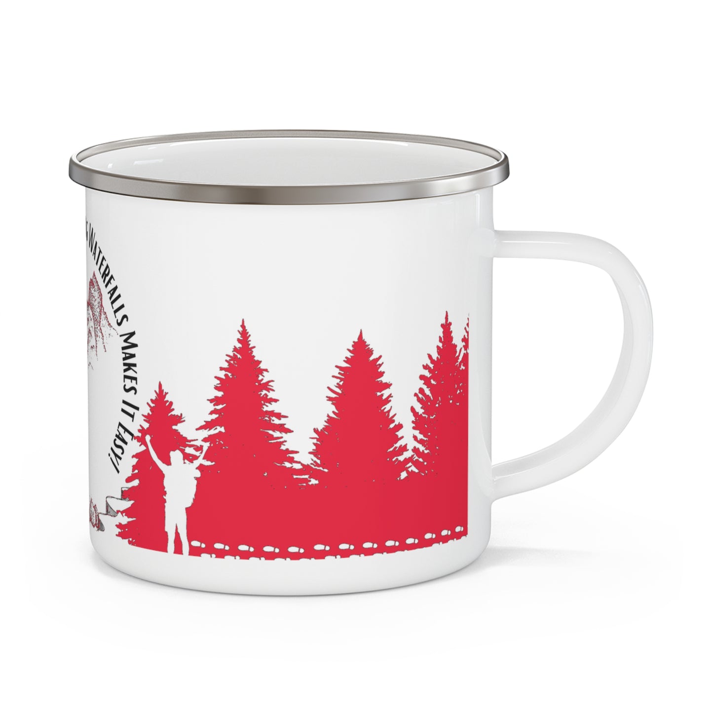 Red Chasing Waterfalls Enamel Camping Mug - "Mornings are rough, but hiking makes it easy"