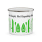 Green Kayak Enamel Coffee Mug - "Mornings are rough, but kayaking makes it easy" in italic black font