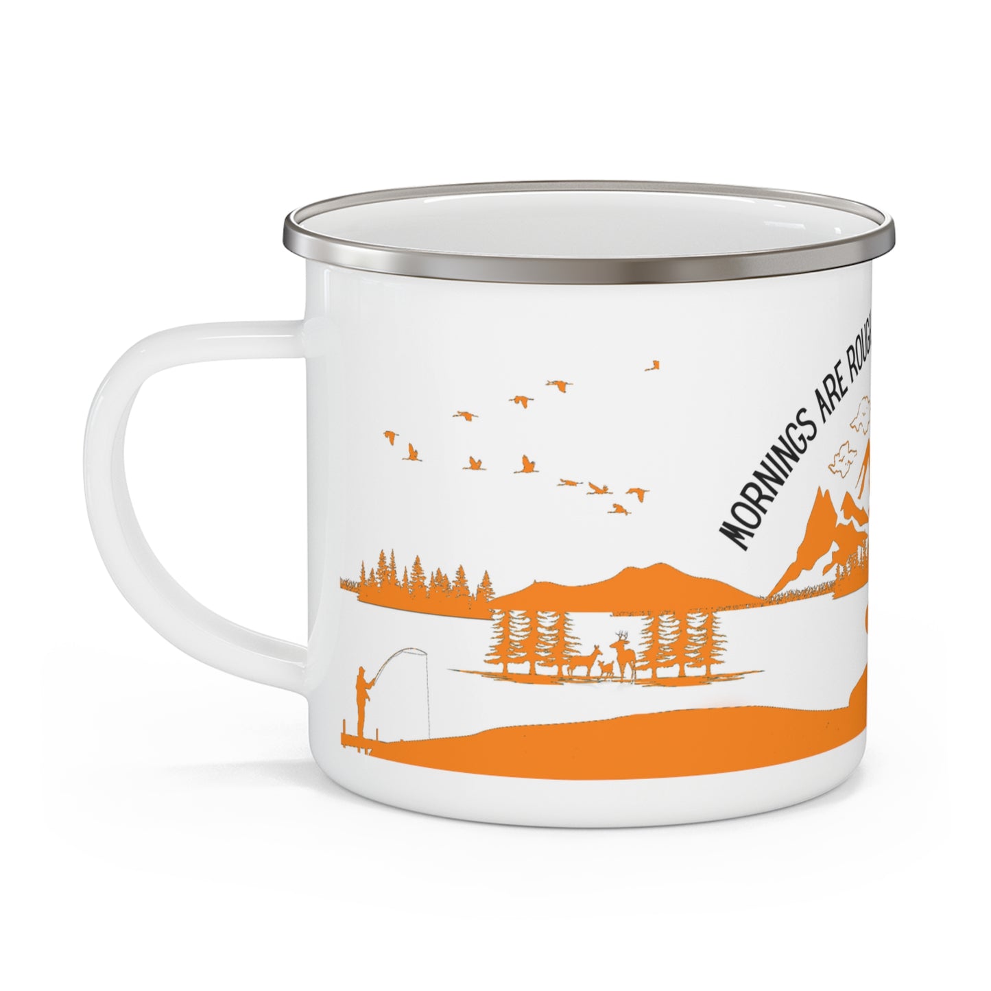 Orange Camping Enamel Camping Mug - "Mornings are rough, but camping makes it easy"