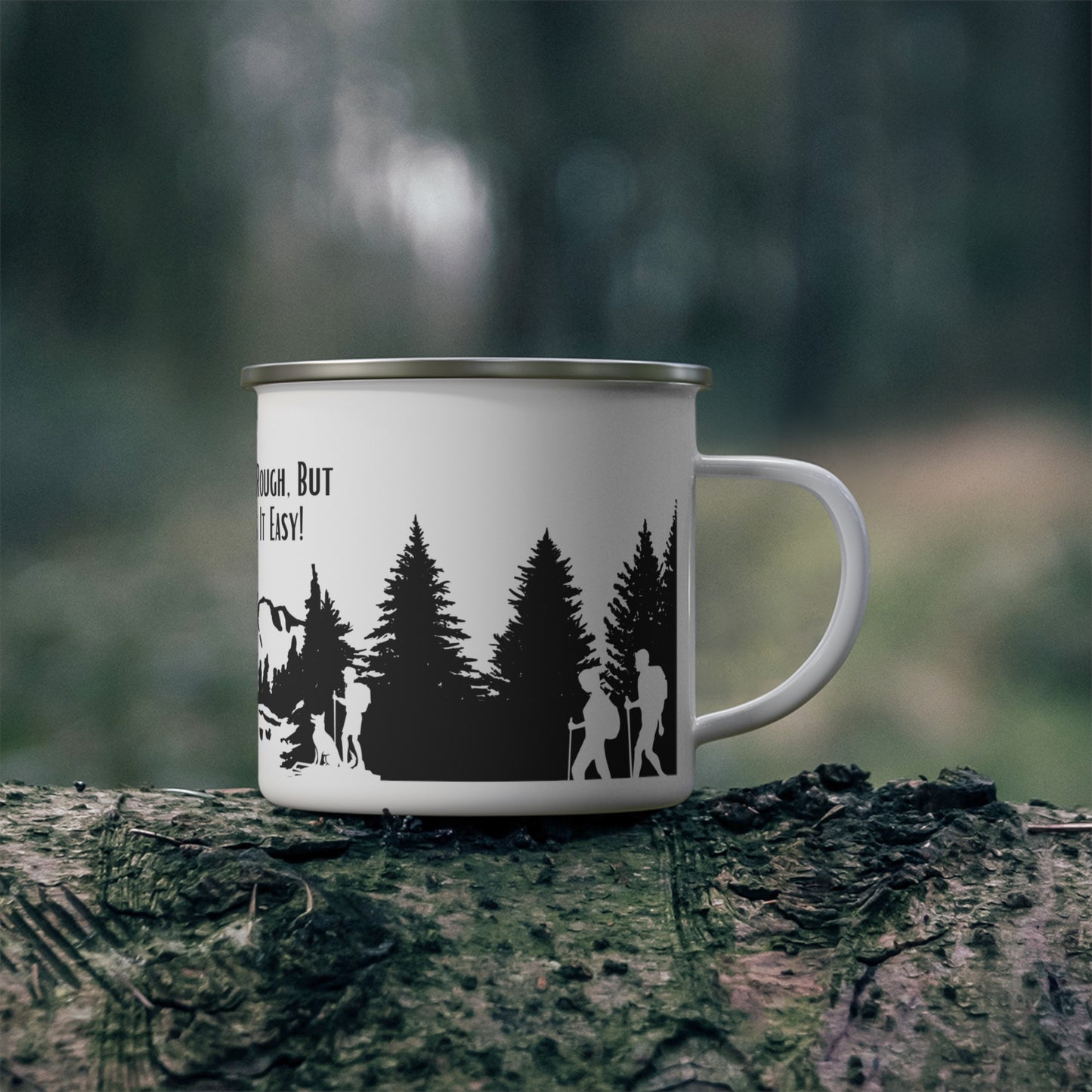 Black Hiking Enamel Camping Mug - "Mornings are rough, but hiking makes it easy"