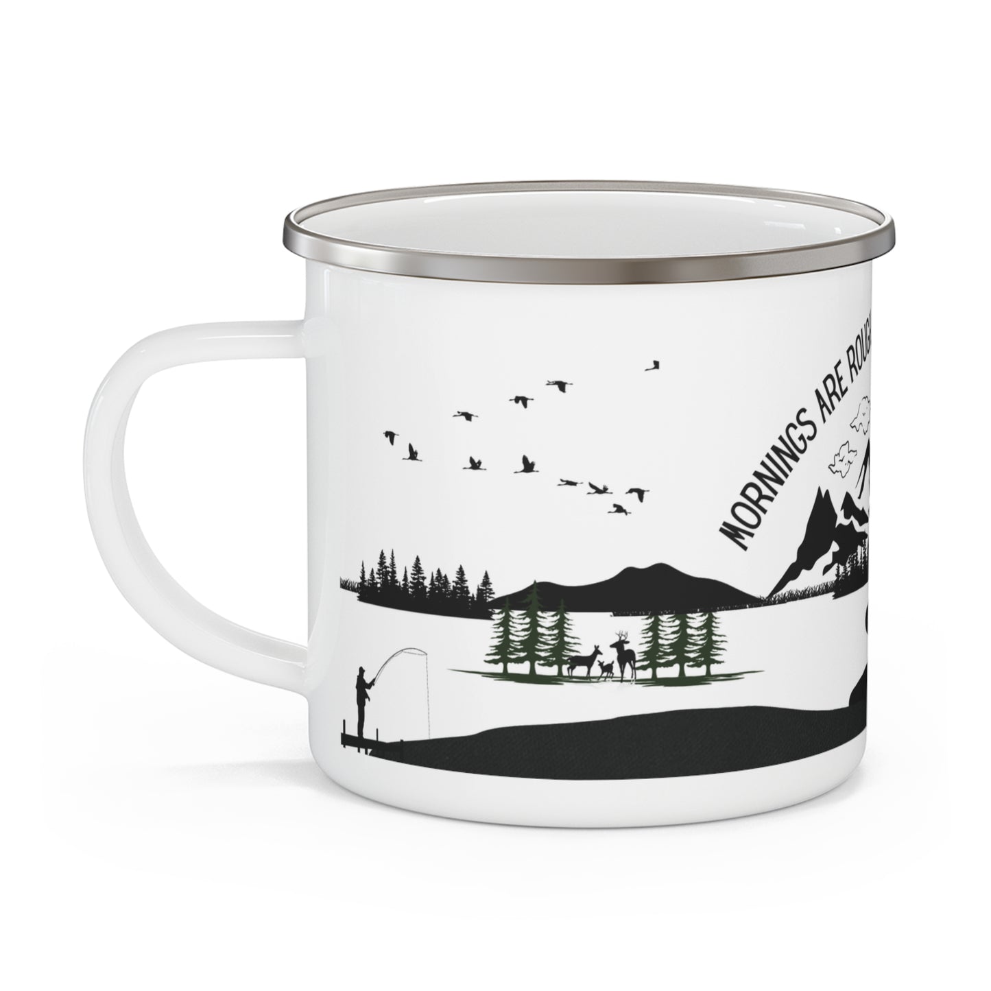 Black Camping Enamel Camping Mug - "Mornings are rough, but camping makes it easy"