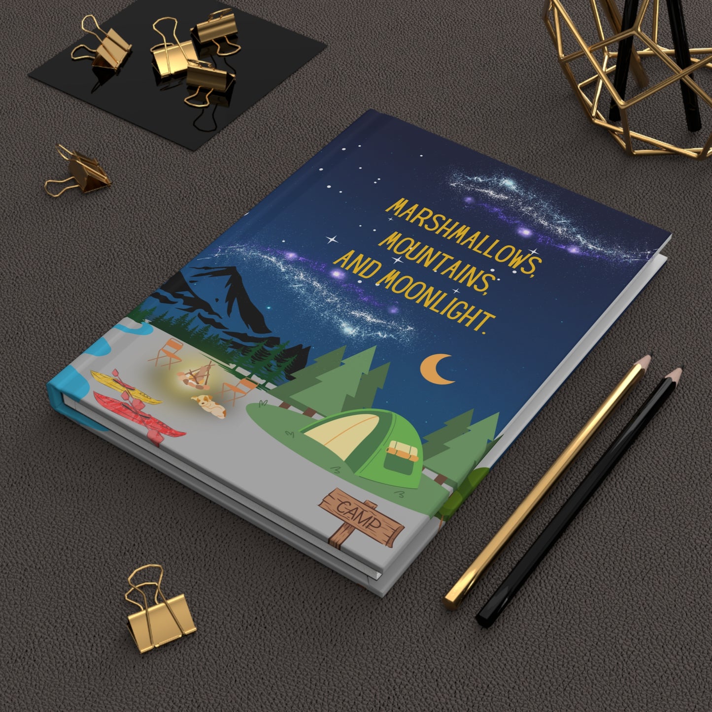 Camping Hardcover Lined Journal - Marshmallows, mountains, and moonlight.