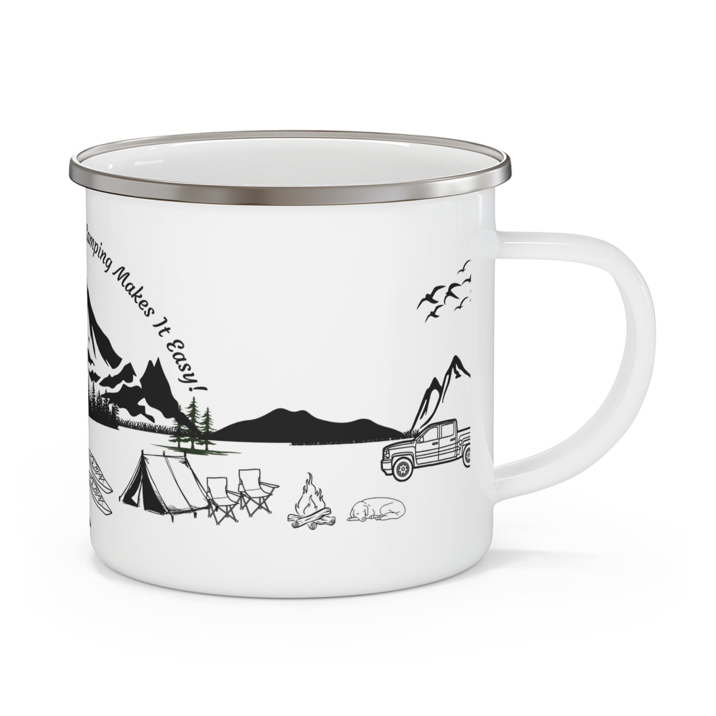 Black Camping Enamel Camping Mug - "Mornings are rough, but camping makes it easy" in italic font