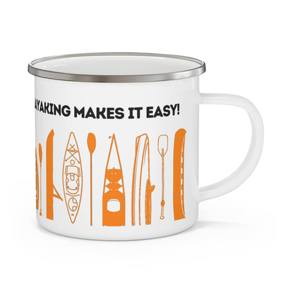 Orange Kayak Enamel Coffee Mug - "Mornings are rough, but kayaking makes it easy" in bold black font