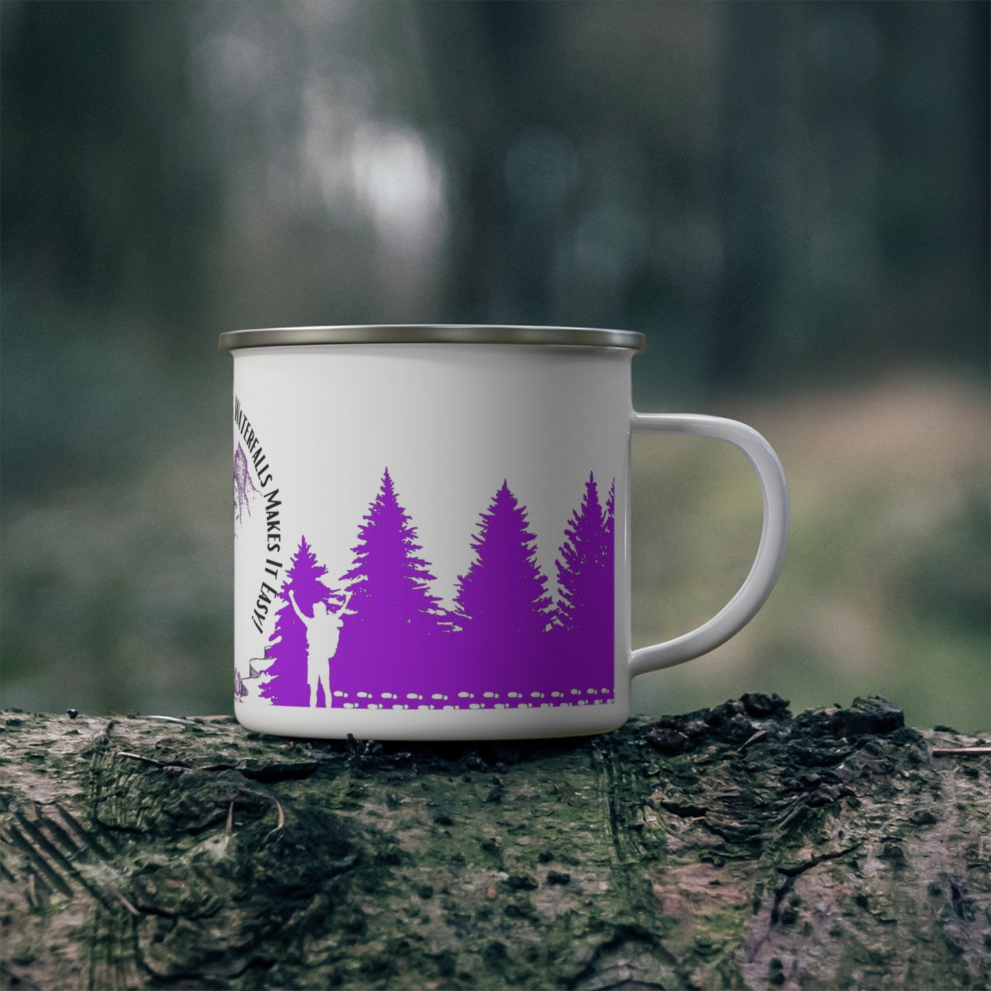 Purple Chasing Waterfalls Enamel Camping Mug - "Mornings are rough, but hiking makes it easy"