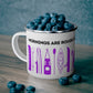 Purple Kayak Enamel Coffee Mug - "Mornings are rough, but kayaking makes it easy" in bold black font