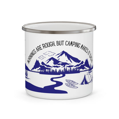 Navy Camping Enamel Camping Mug - "Mornings are rough, but camping makes it easy"