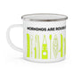 Yellow Kayak Enamel Coffee Mug - "Mornings are rough, but kayaking makes it easy" in bold black font