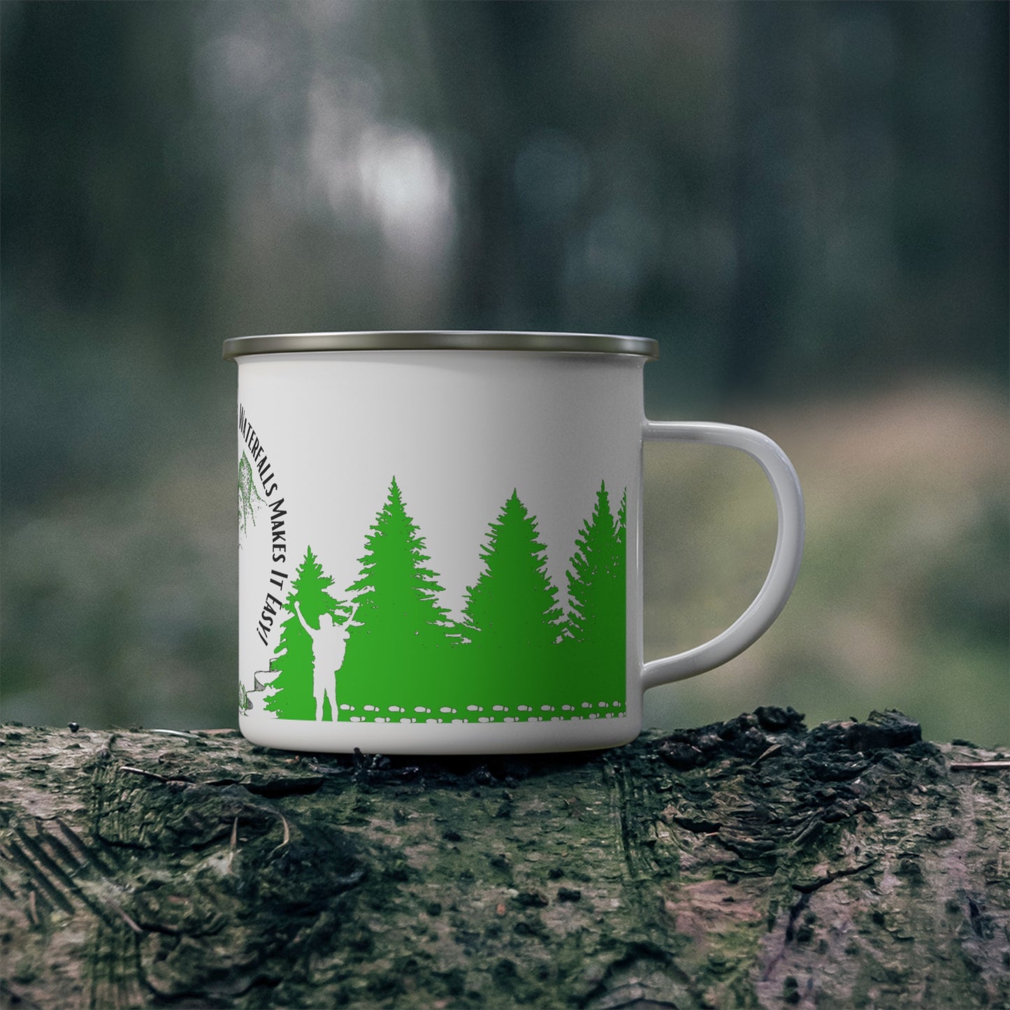 Green Chasing Waterfalls Enamel Camping Mug - "Mornings are rough, but hiking makes it easy"