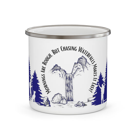 Navy Chasing Waterfalls Enamel Camping Mug - "Mornings are rough, but hiking makes it easy"