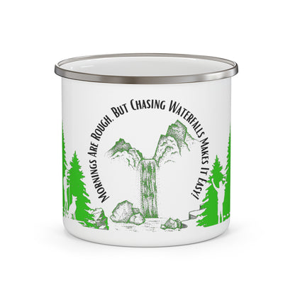 Green Chasing Waterfalls Enamel Camping Mug - "Mornings are rough, but hiking makes it easy"