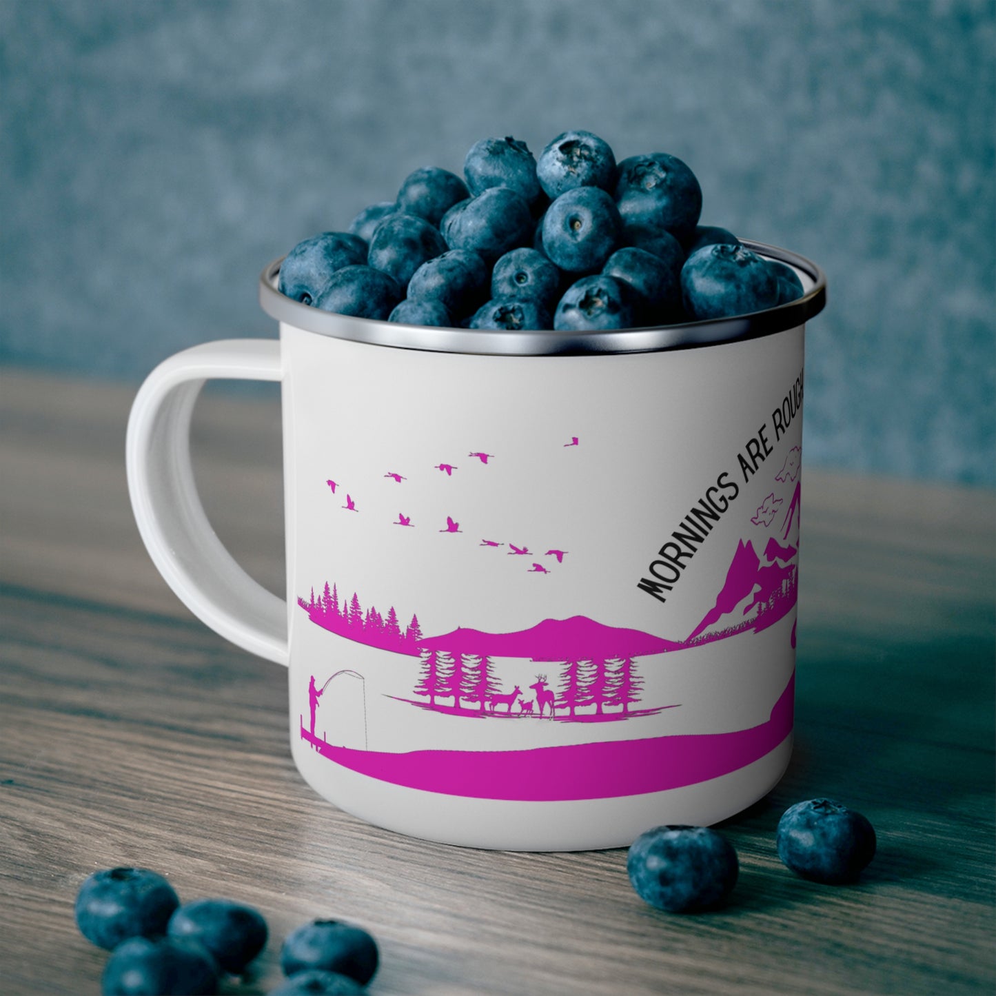 Pink Camping Enamel Camping Mug - "Mornings are rough, but camping makes it easy"