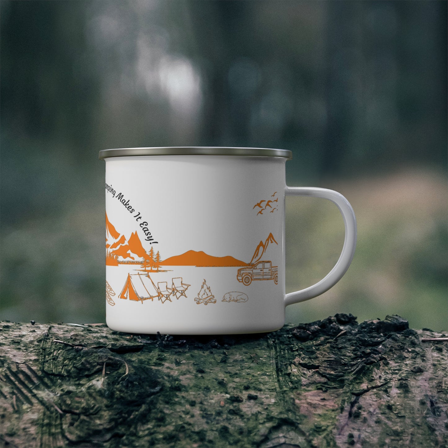 Orange Camping Enamel Camping Mug - "Mornings are rough, but camping makes it easy" in italic font