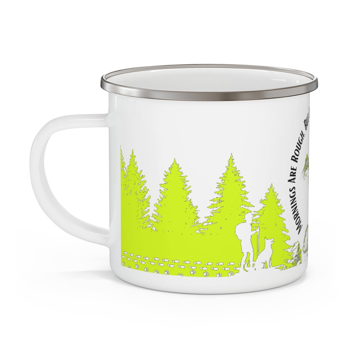 Yellow Chasing Waterfalls Enamel Camping Mug - "Mornings are rough, but hiking makes it easy"