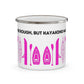 Pink Kayak Enamel Coffee Mug - "Mornings are rough, but kayaking makes it easy" in bold black font