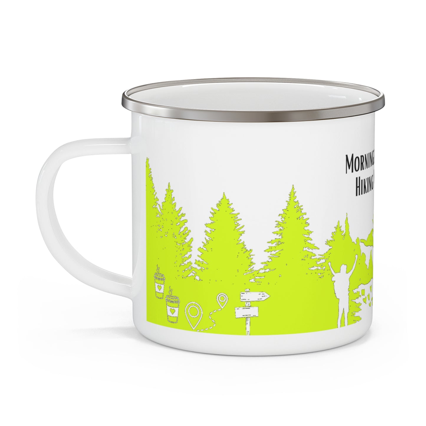 Yellow Hiking Enamel Camping Mug - "Mornings are rough, but hiking makes it easy"