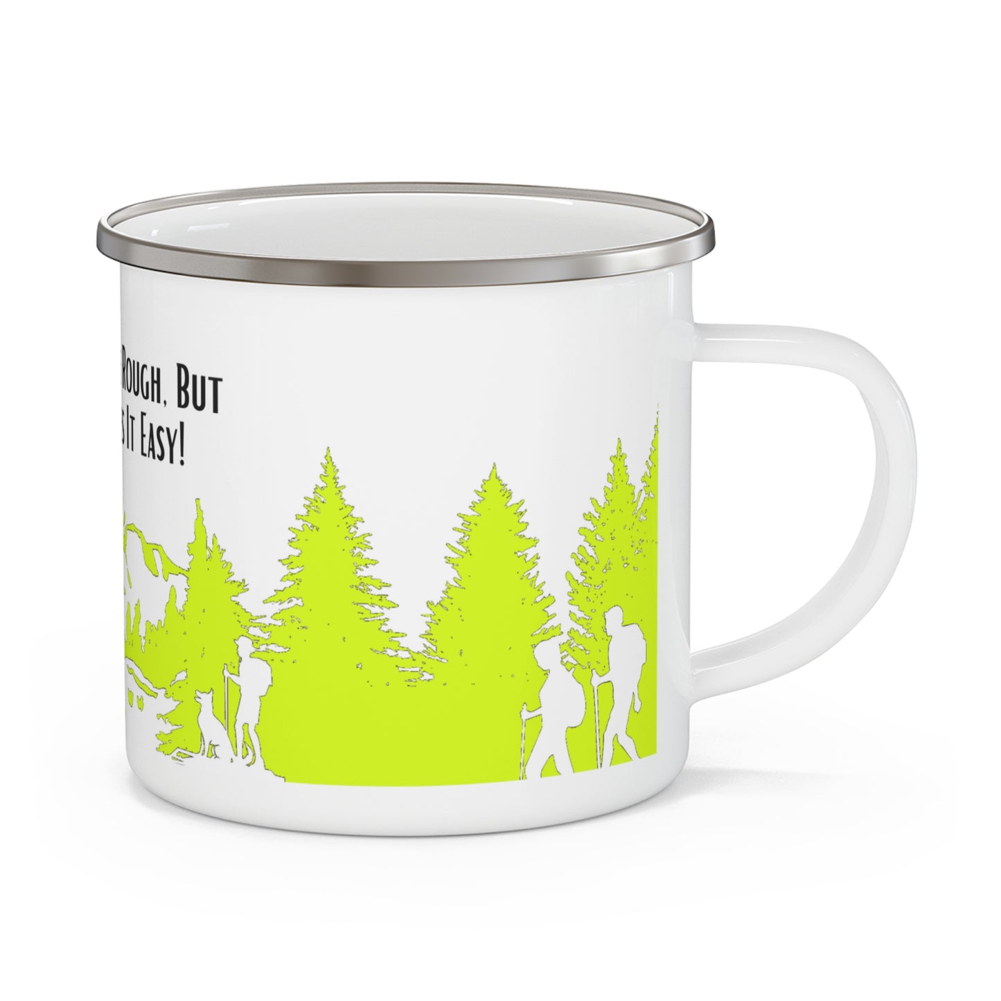 Yellow Hiking Enamel Camping Mug - "Mornings are rough, but hiking makes it easy"