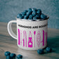 Pink Kayak Enamel Coffee Mug - "Mornings are rough, but kayaking makes it easy" in bold black font