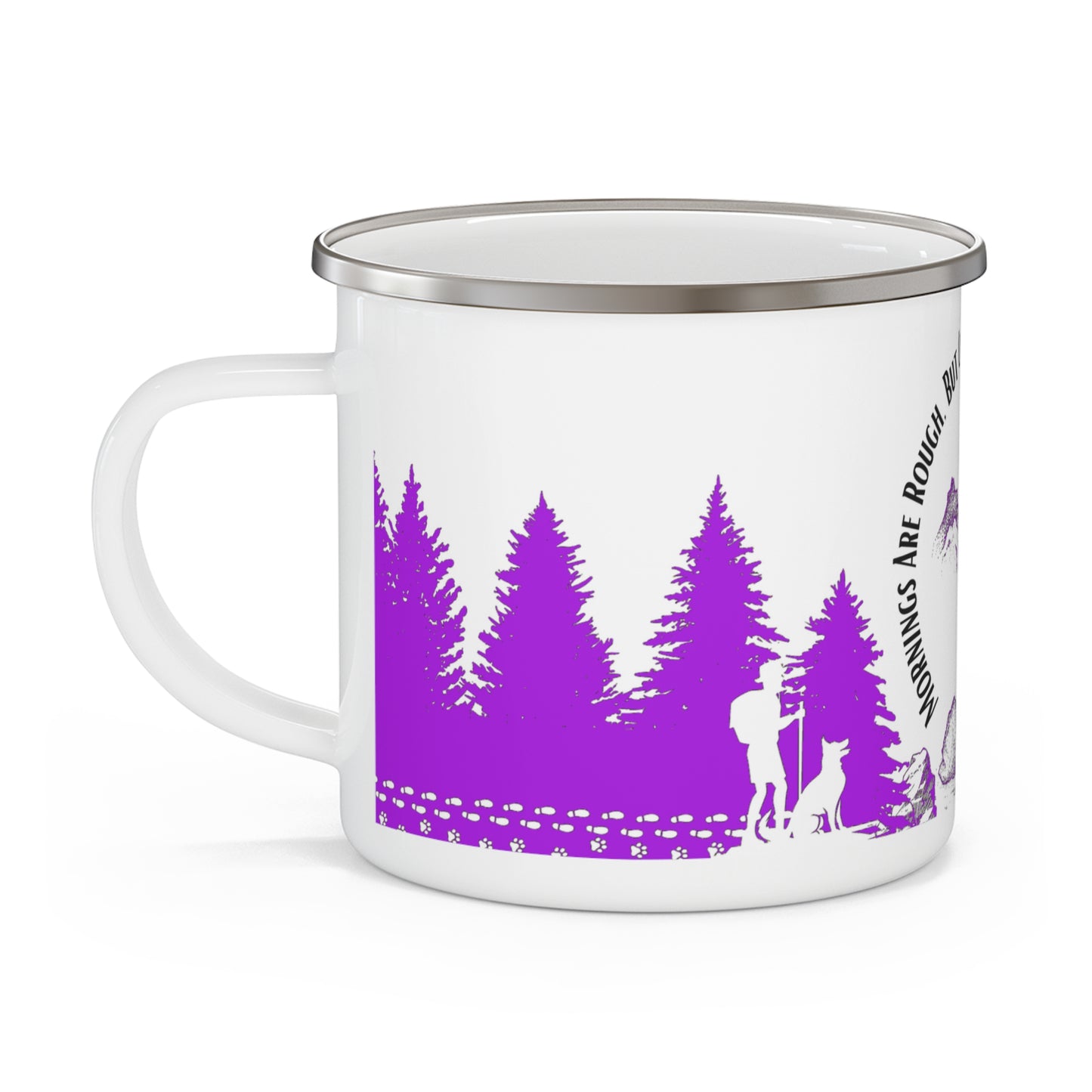 Purple Chasing Waterfalls Enamel Camping Mug - "Mornings are rough, but hiking makes it easy"