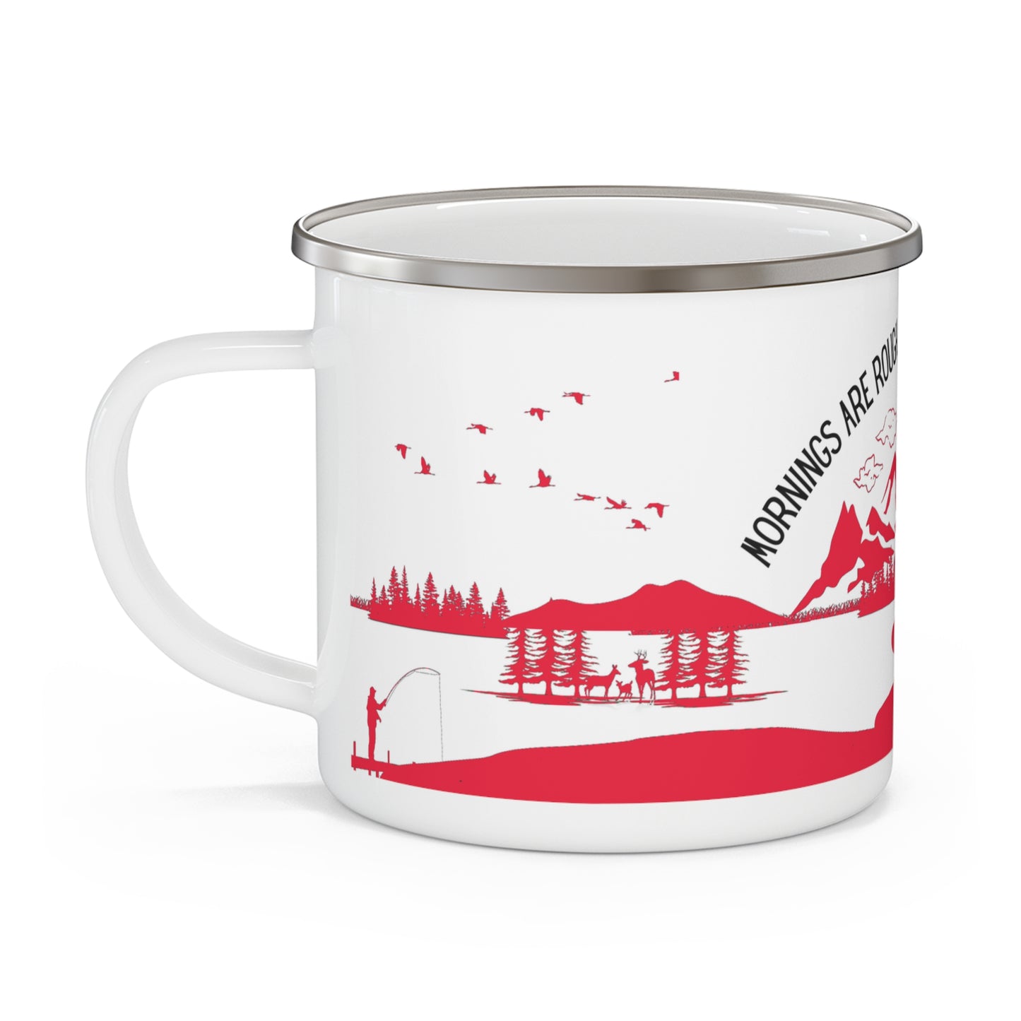 Red Camping Enamel Camping Mug - "Mornings are rough, but camping makes it easy"