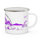 Purple Camping Enamel Camping Mug - "Mornings are rough, but camping makes it easy" in italic font