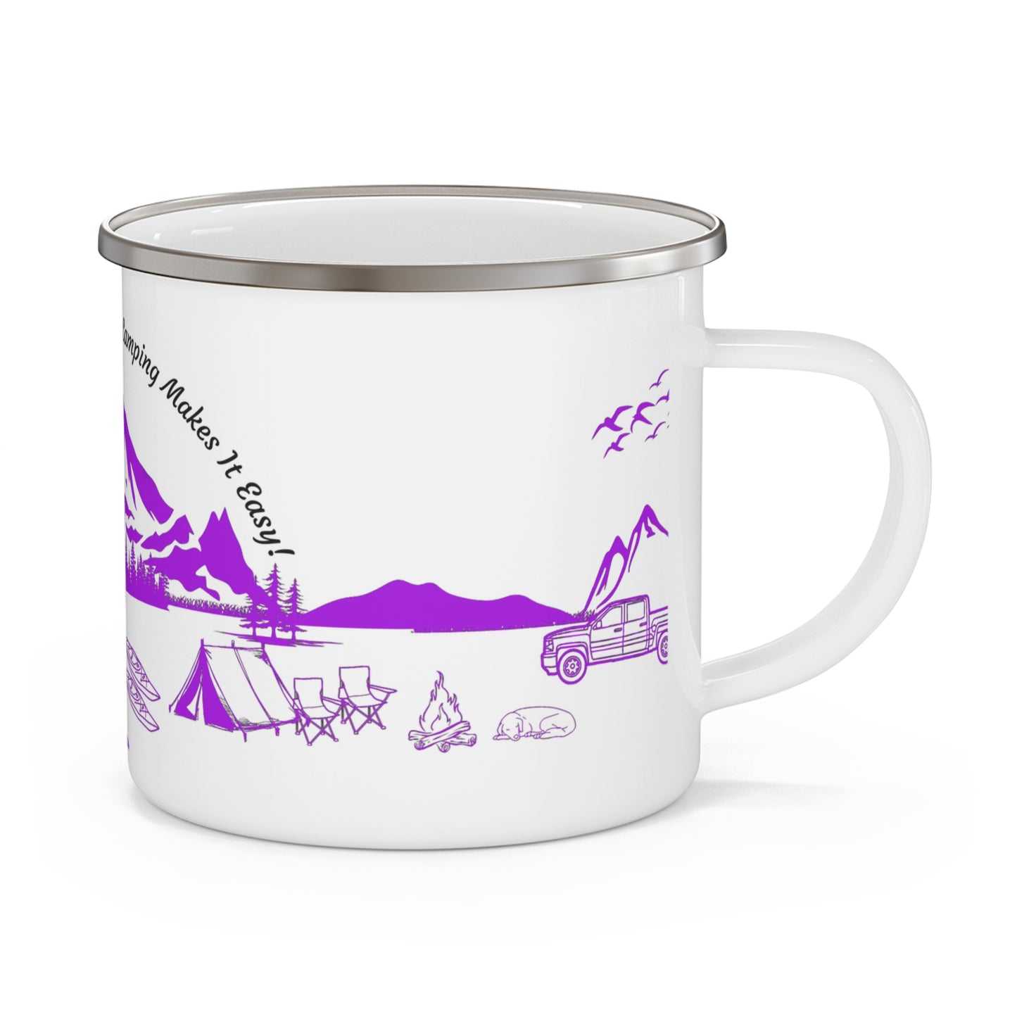 Purple Camping Enamel Camping Mug - "Mornings are rough, but camping makes it easy" in italic font