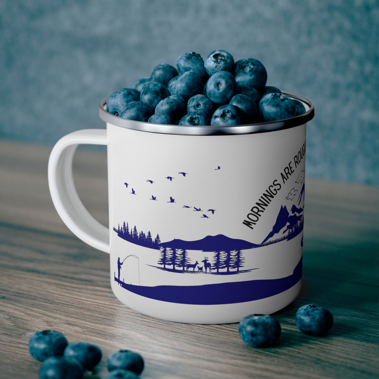 Navy Camping Enamel Camping Mug - "Mornings are rough, but camping makes it easy"