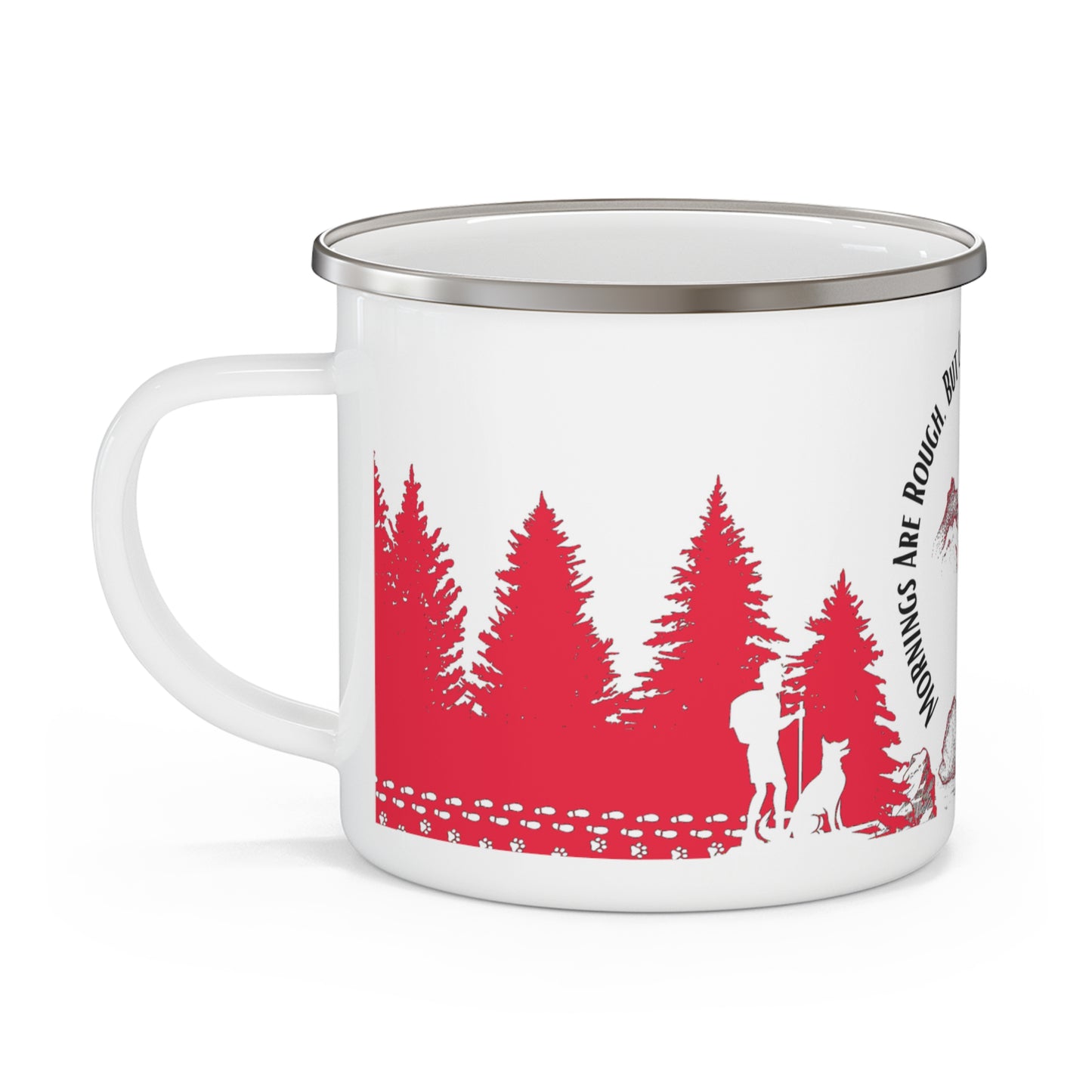 Red Chasing Waterfalls Enamel Camping Mug - "Mornings are rough, but hiking makes it easy"