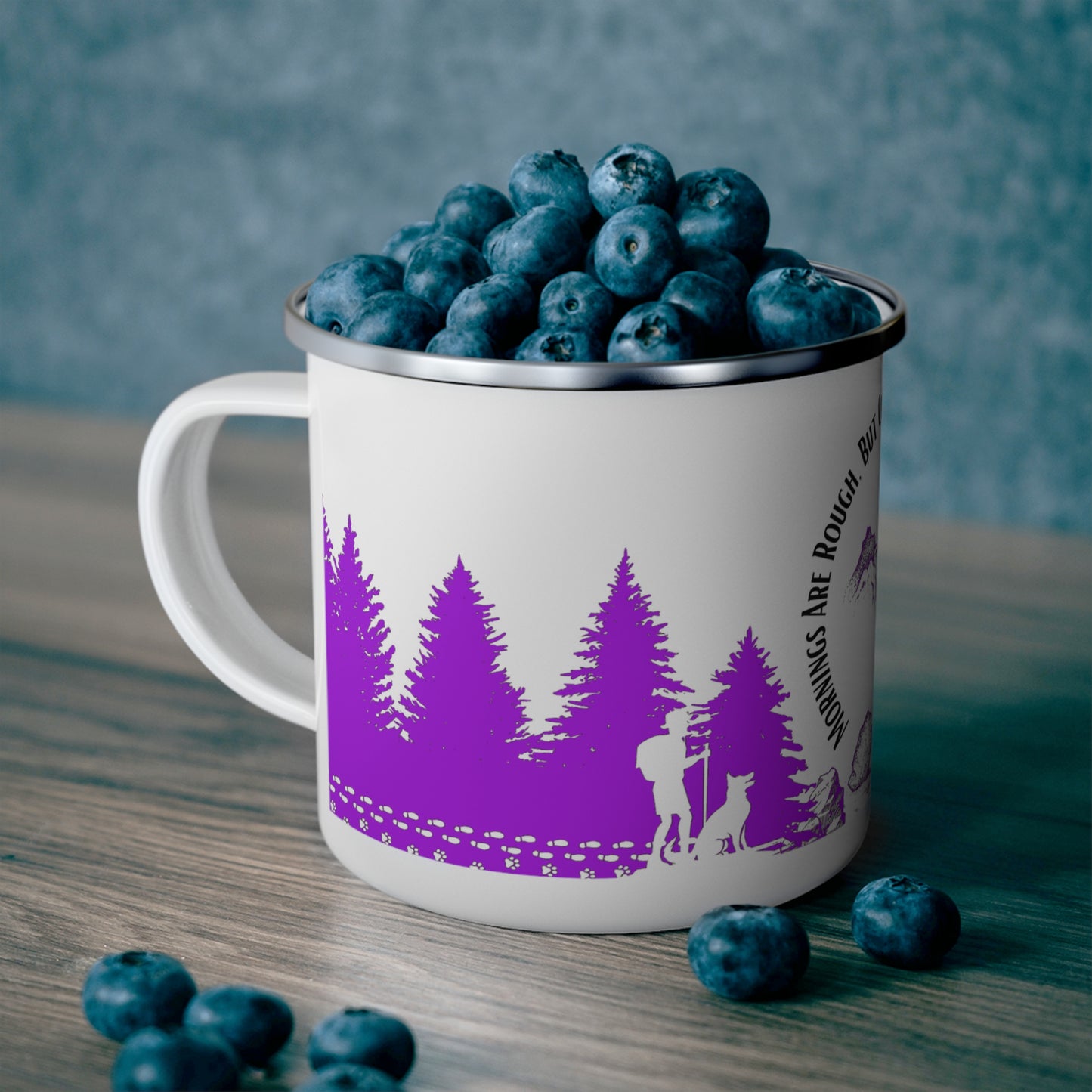 Purple Chasing Waterfalls Enamel Camping Mug - "Mornings are rough, but hiking makes it easy"