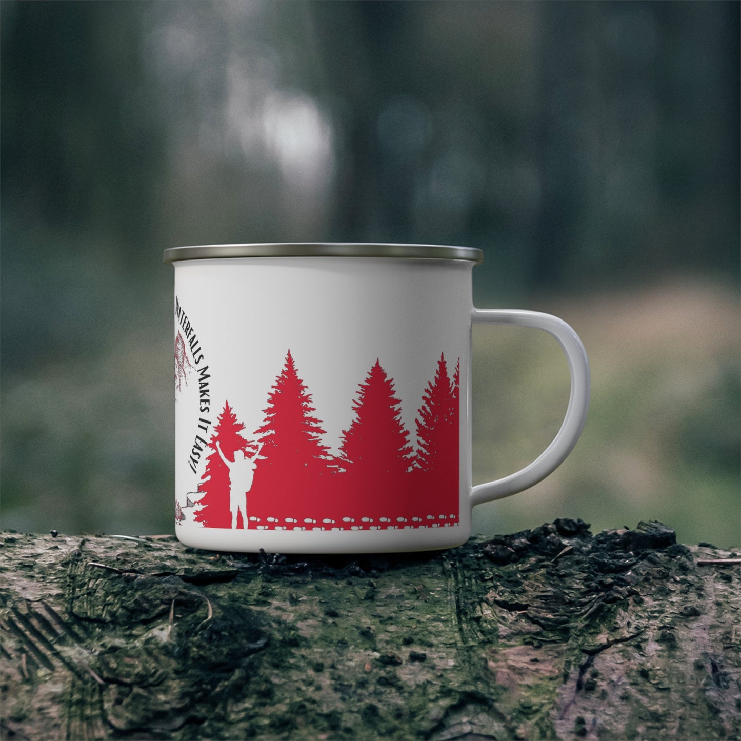 Red Chasing Waterfalls Enamel Camping Mug - "Mornings are rough, but hiking makes it easy"