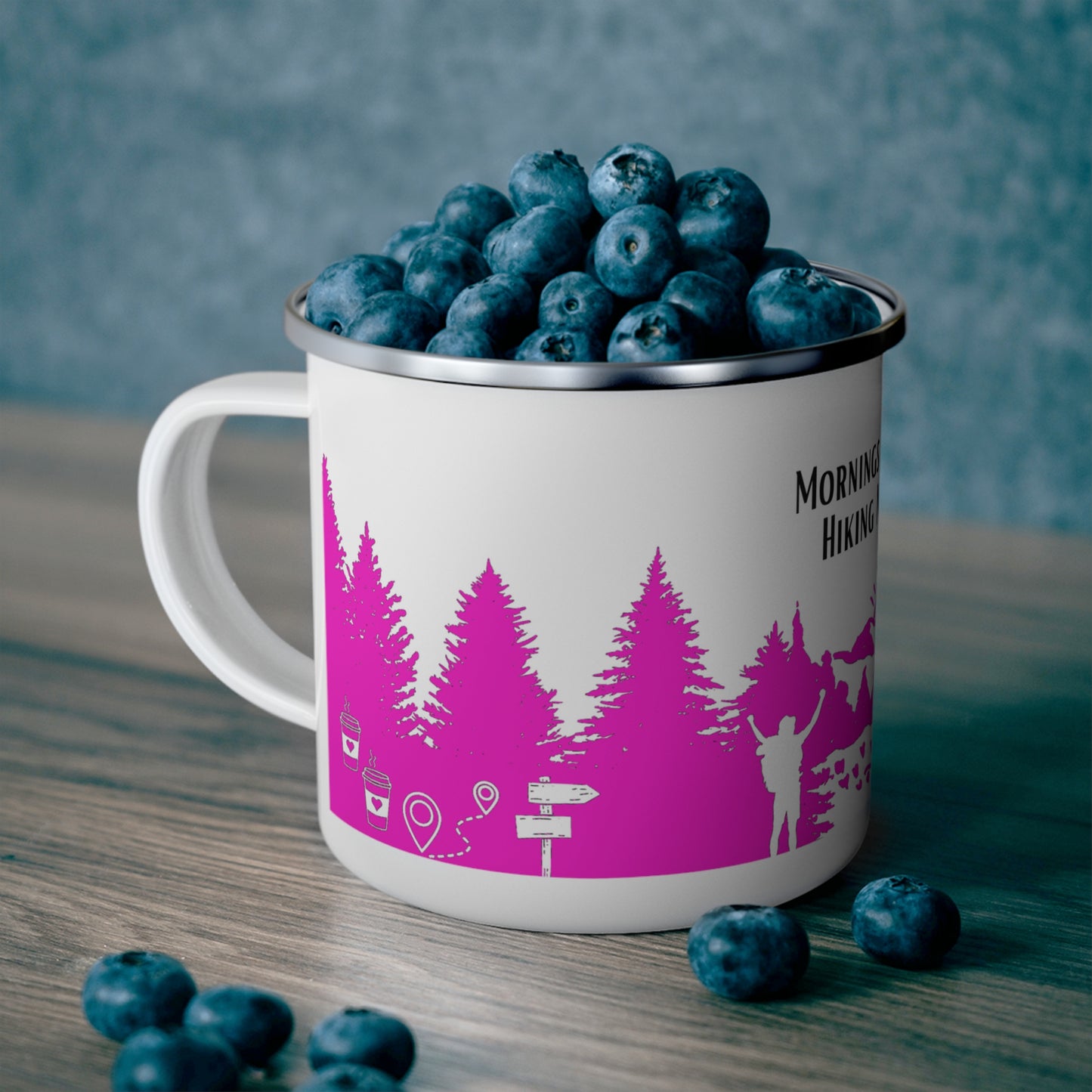 Pink Hiking Enamel Camping Mug - "Mornings are rough, but hiking makes it easy"