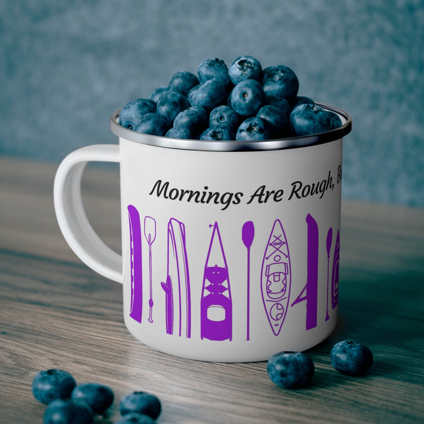 Purple Kayak Enamel Coffee Mug - "Mornings are rough, but kayaking makes it easy" in italic black font