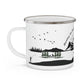 Black Camping Enamel Camping Mug - "Mornings are rough, but camping makes it easy" in italic font