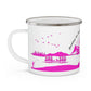 Pink Camping Enamel Camping Mug - "Mornings are rough, but camping makes it easy" in italic font