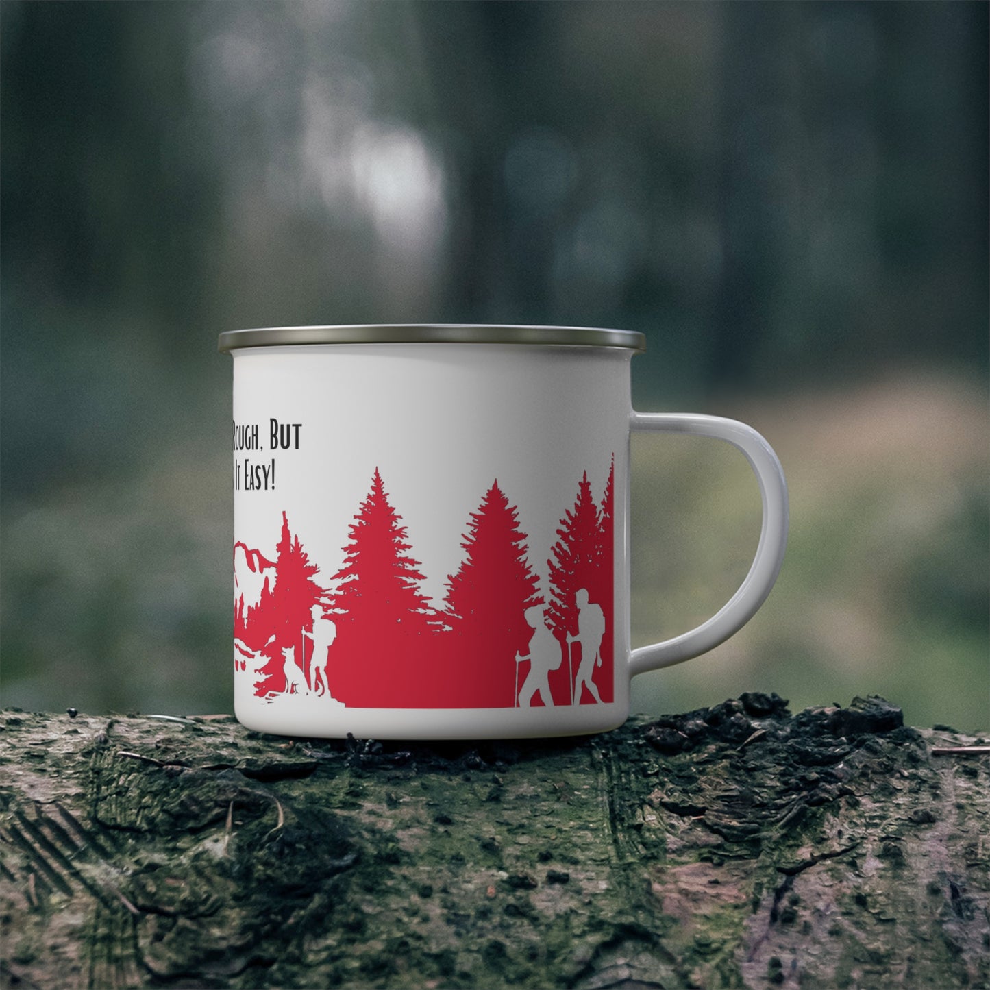 Red Hiking Enamel Camping Mug - "Mornings are rough, but hiking makes it easy"