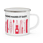 Red Kayak Enamel Coffee Mug - "Mornings are rough, but kayaking makes it easy" in bold black font