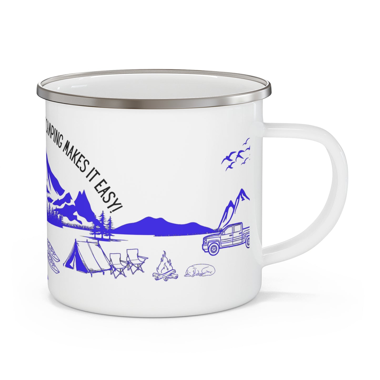 Blue Camping Enamel Camping Mug - "Mornings are rough, but camping makes it easy"