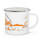 Orange Camping Enamel Camping Mug - "Mornings are rough, but camping makes it easy" in italic font