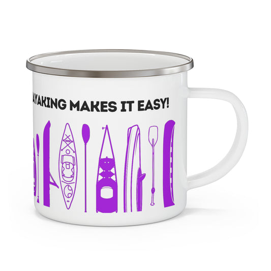 Purple Kayak Enamel Coffee Mug - "Mornings are rough, but kayaking makes it easy" in bold black font